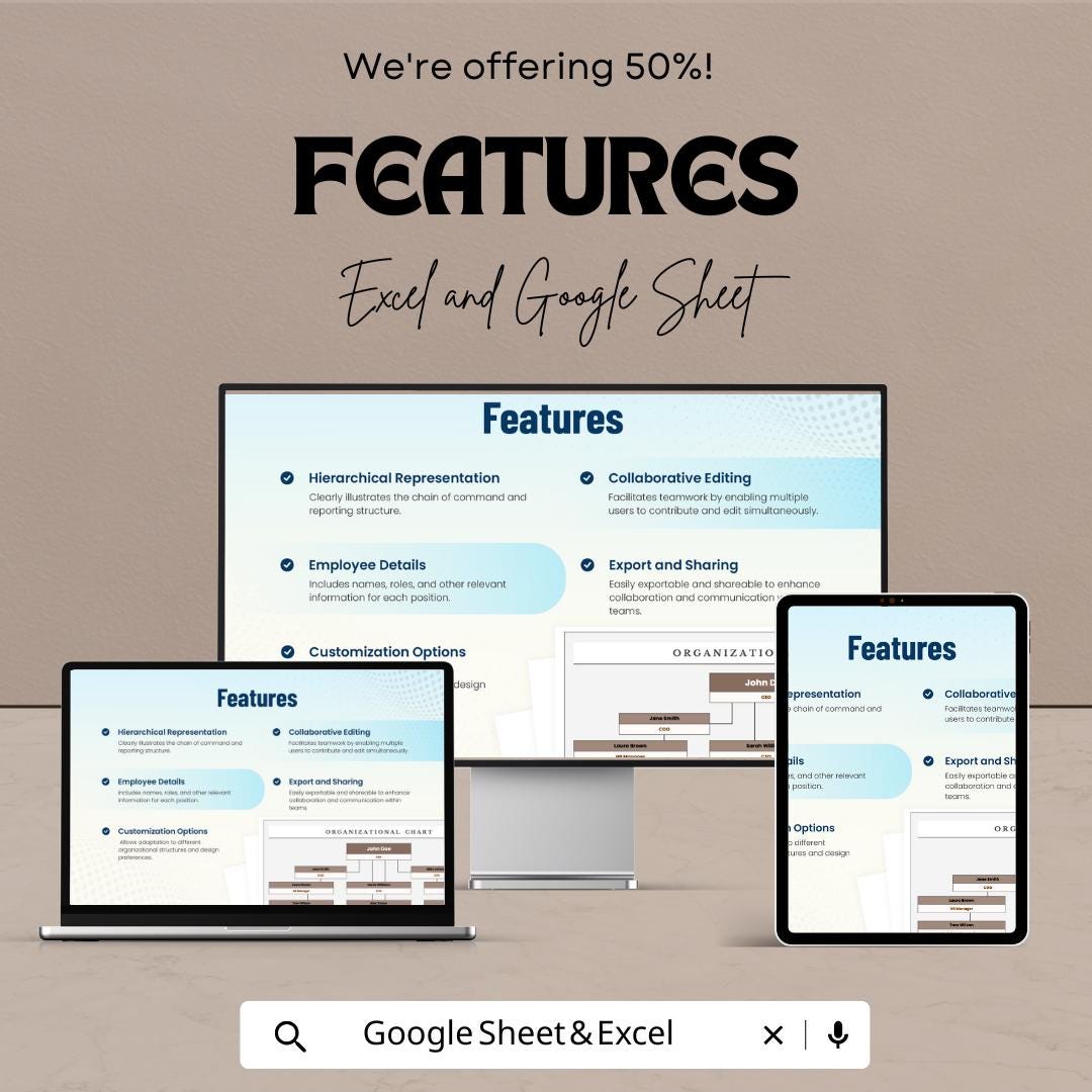 Organizational Chart Template | Editable Google Sheet & Excel Org Chart | Company Structure Hierarchy Diagram | Employee Org Chart