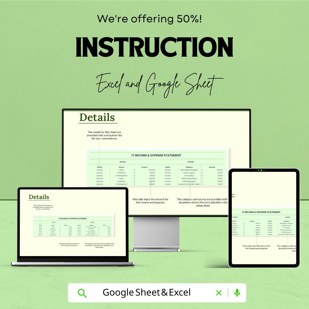 IT Financial Statement Consolidation Sheet - Google Sheets Template - Monthly Income & Expense Tracker for IT Business - Budget Planning