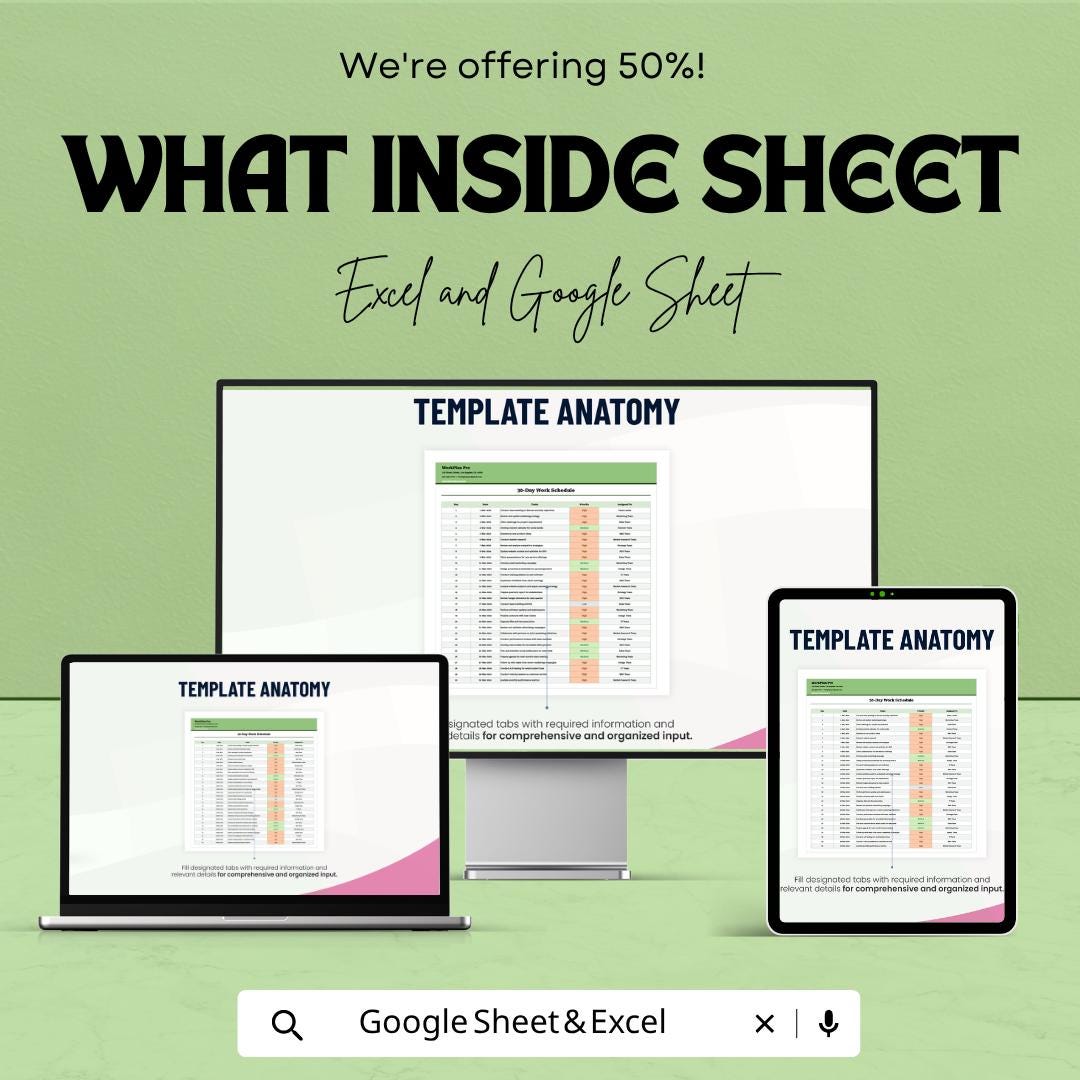 30-Day Work Schedule Template | Work Schedule Spreadsheet | Task Management Planner | Productivity Schedule Sheet