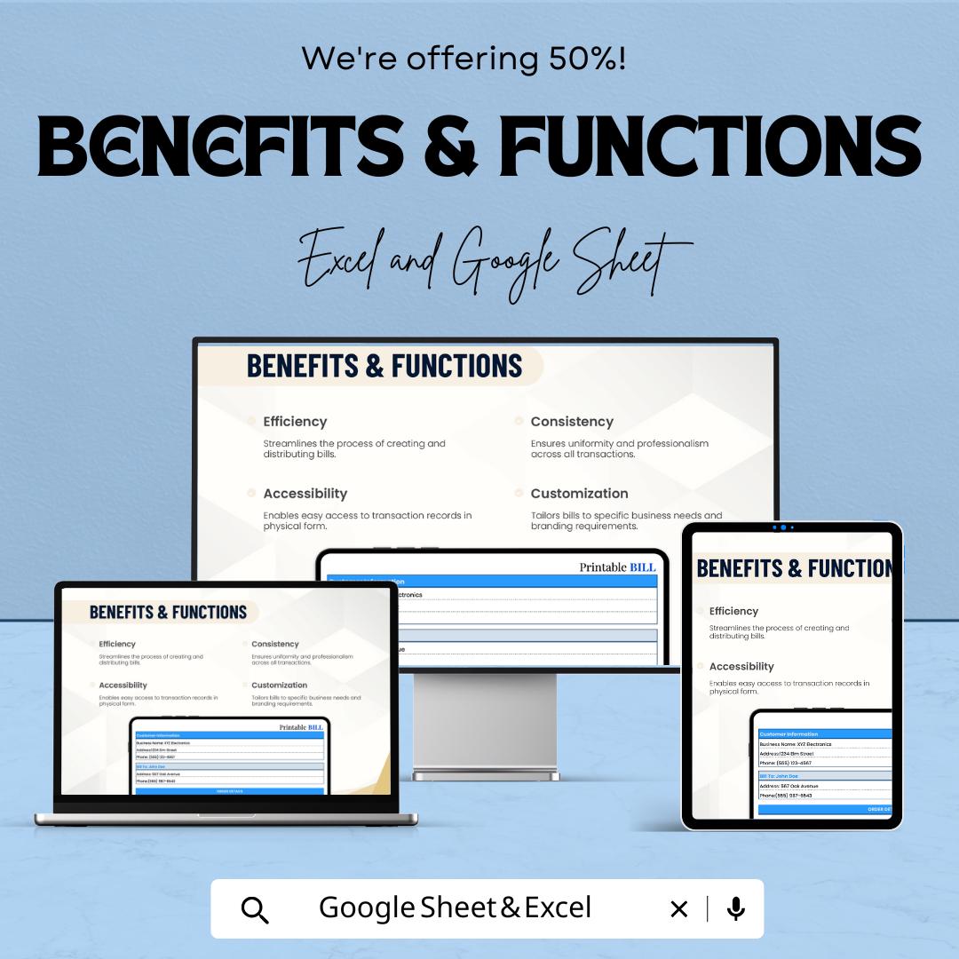 Printable Bill Template - Excel and Google Sheets, Customizable Invoice Bill, Professional Billing Sheet, Tax & Quantity Tracker