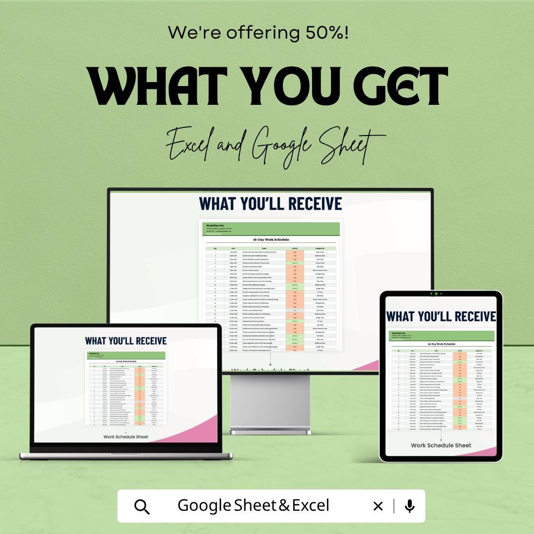 30-Day Work Schedule Template | Work Schedule Spreadsheet | Task Management Planner | Productivity Schedule Sheet
