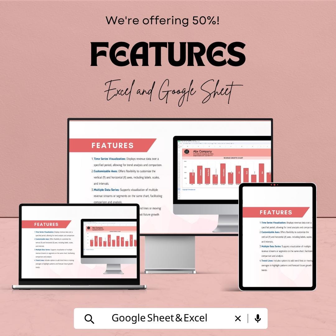 Revenue Growth Chart Template Excel | Sales Growth Tracker Google Sheets | Business Revenue Dashboard | Monthly Sales Chart |