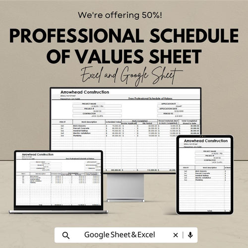 Professional Schedule of Values Sheet | Construction Payment Tracking Template | Google Sheets & Excel | Project Management Template |