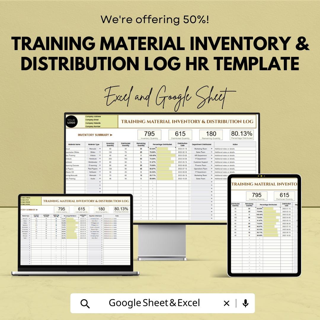 Training Material Inventory Template, HR Distribution Log, Training Tracker Spreadsheet, Employee Training Log