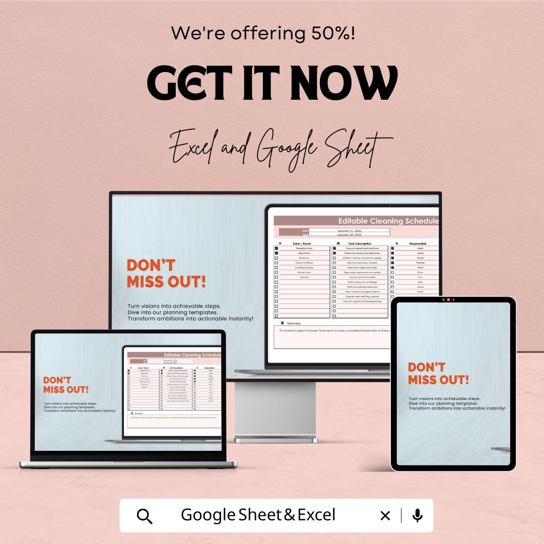Editable Cleaning Schedule Sheet | Google Sheets and Excel Template | Customizable Cleaning Planner | Task & Duty Management |