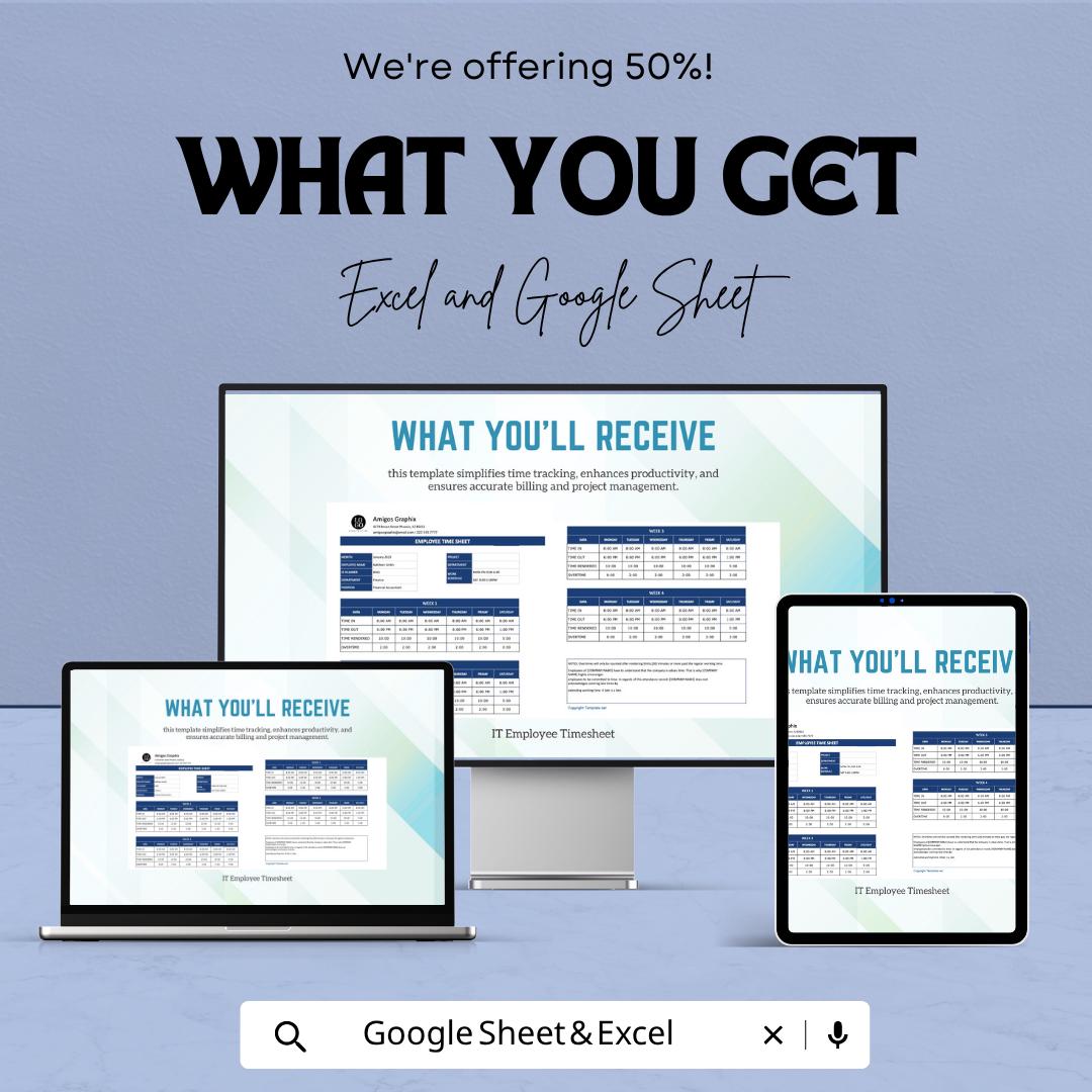 IT Employee Timesheet Template | Project Time Tracking Spreadsheet | Weekly Timesheet | IT Work Log | Staff Time Tracker