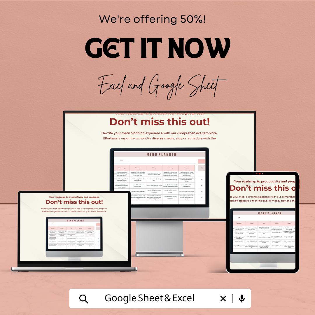 Menu Planner Sheet - Monthly Meal Planner Excel & Google Sheet Template for Organized Weekly Meal Prep