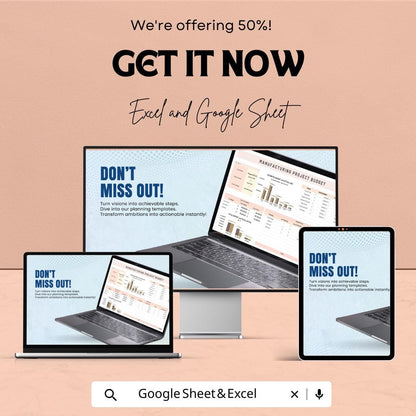 Manufacturing Project Budget Sheet | Excel and Google Sheets Template | Project Cost Management & Budget Tracking