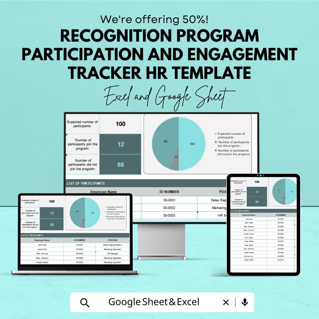 Recognition Program Participation & Engagement Tracker | HR Template for Excel and Google Sheets | Employee Engagement Dashboard