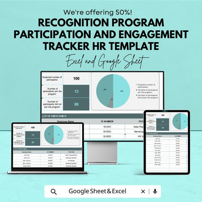 Recognition Program Participation & Engagement Tracker | HR Template for Excel and Google Sheets | Employee Engagement Dashboard