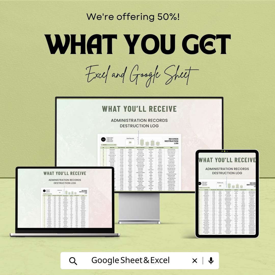 Administration Records Destruction Log Template,  Document Disposal Tracker, Compliance Log, Record Destruction Spreadsheet