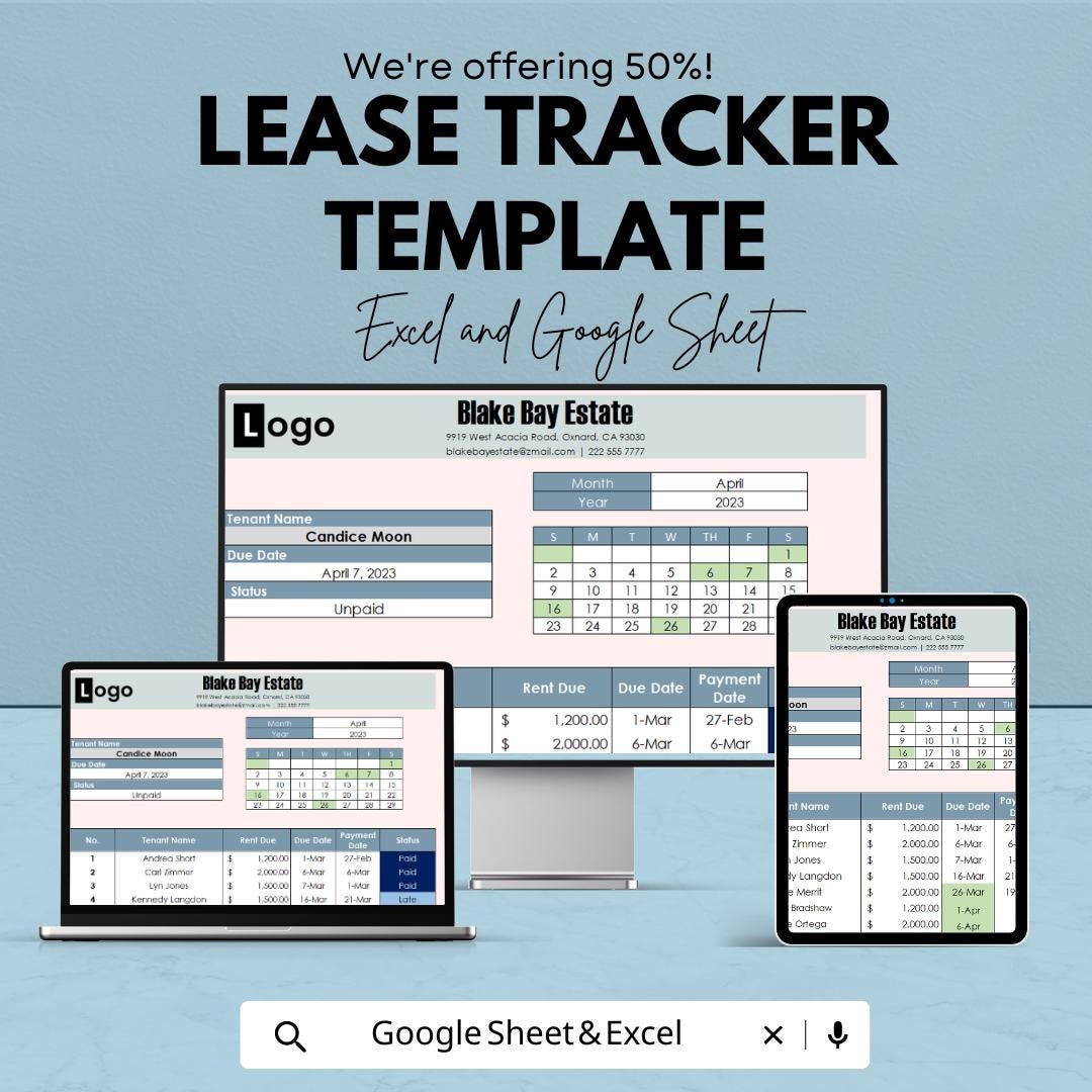 Lease Tracker Template Excel Google Sheets, Rental Payment Tracker Spreadsheet, Tenant Rent Tracker, Property Management Lease Log