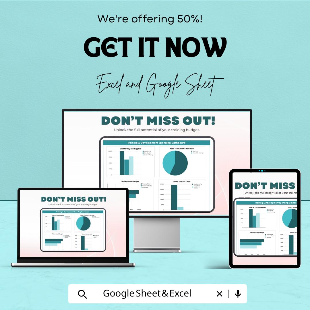 Training & Development Spending Dashboard Sheet | Google Sheets | Track Budget, ROI and Training Costs | Employee Training Management
