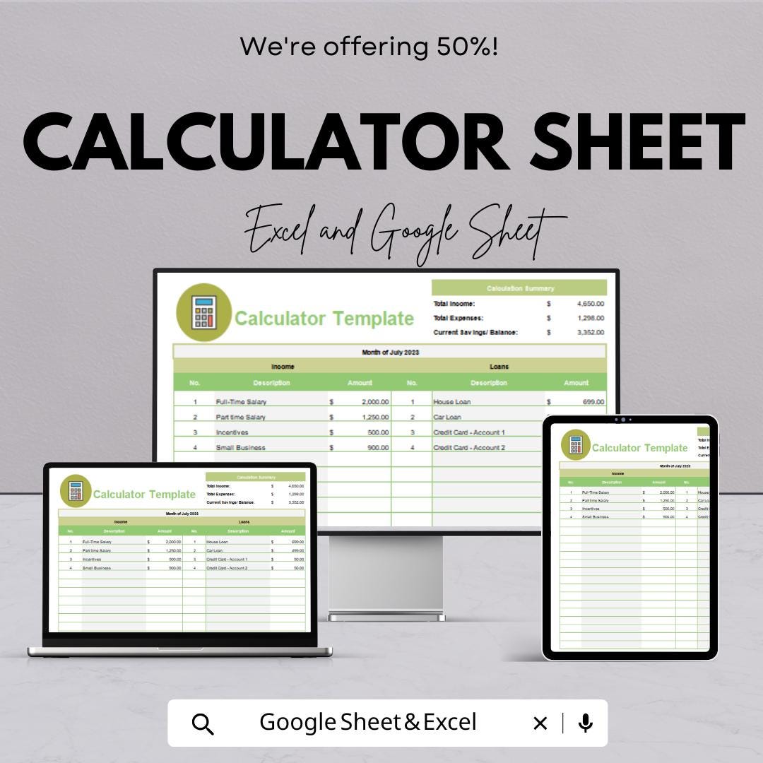 Calculator Sheet | Excel and Google Sheets | Expense Tracker | Income & Loan Calculator | Editable Budget Template