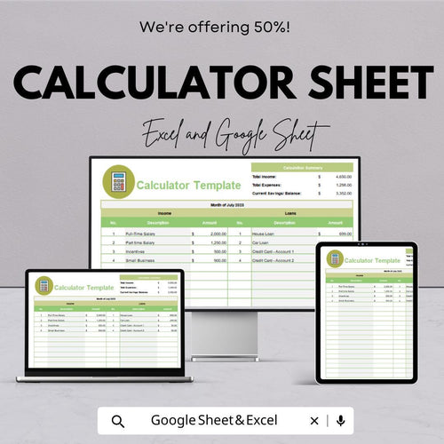Calculator Sheet | Excel and Google Sheets | Expense Tracker | Income & Loan Calculator | Editable Budget Template