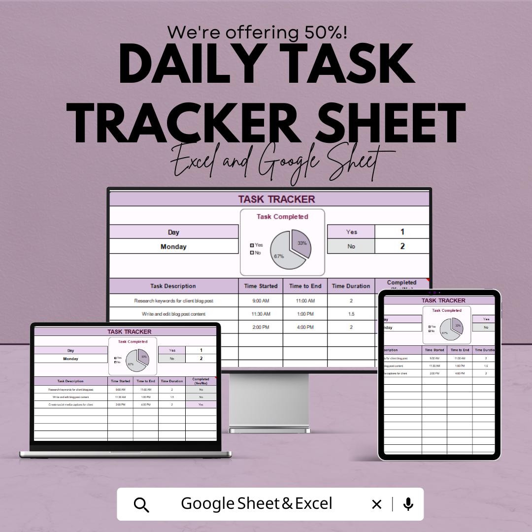 Daily Task Tracker Sheet - Task Management Template | Excel and Google Sheet | Get Organized & Stay Productive | Printable Checklist