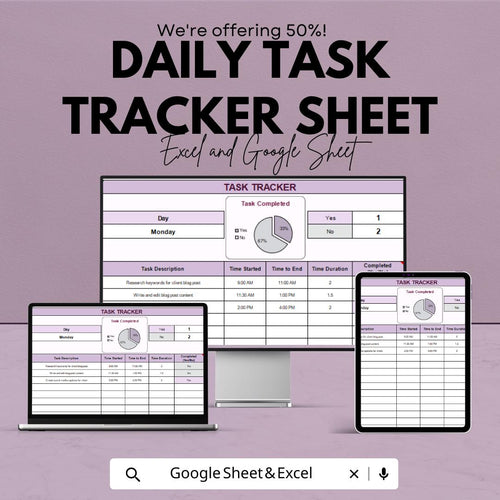 Daily Task Tracker Sheet - Task Management Template | Excel and Google Sheet | Get Organized & Stay Productive | Printable Checklist