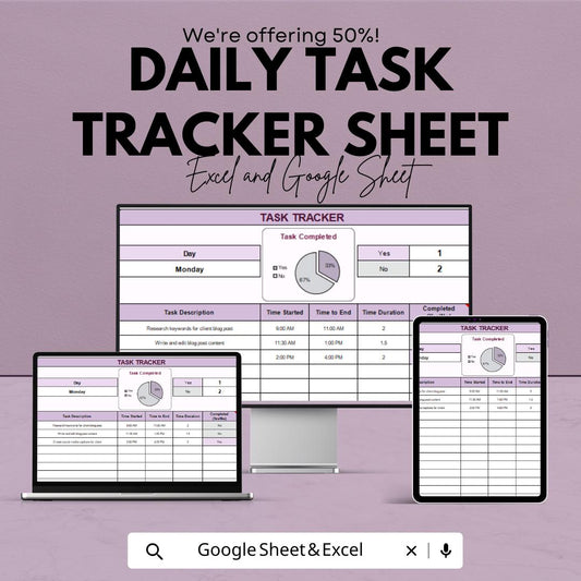Daily Task Tracker Sheet - Task Management Template | Excel and Google Sheet | Get Organized & Stay Productive | Printable Checklist