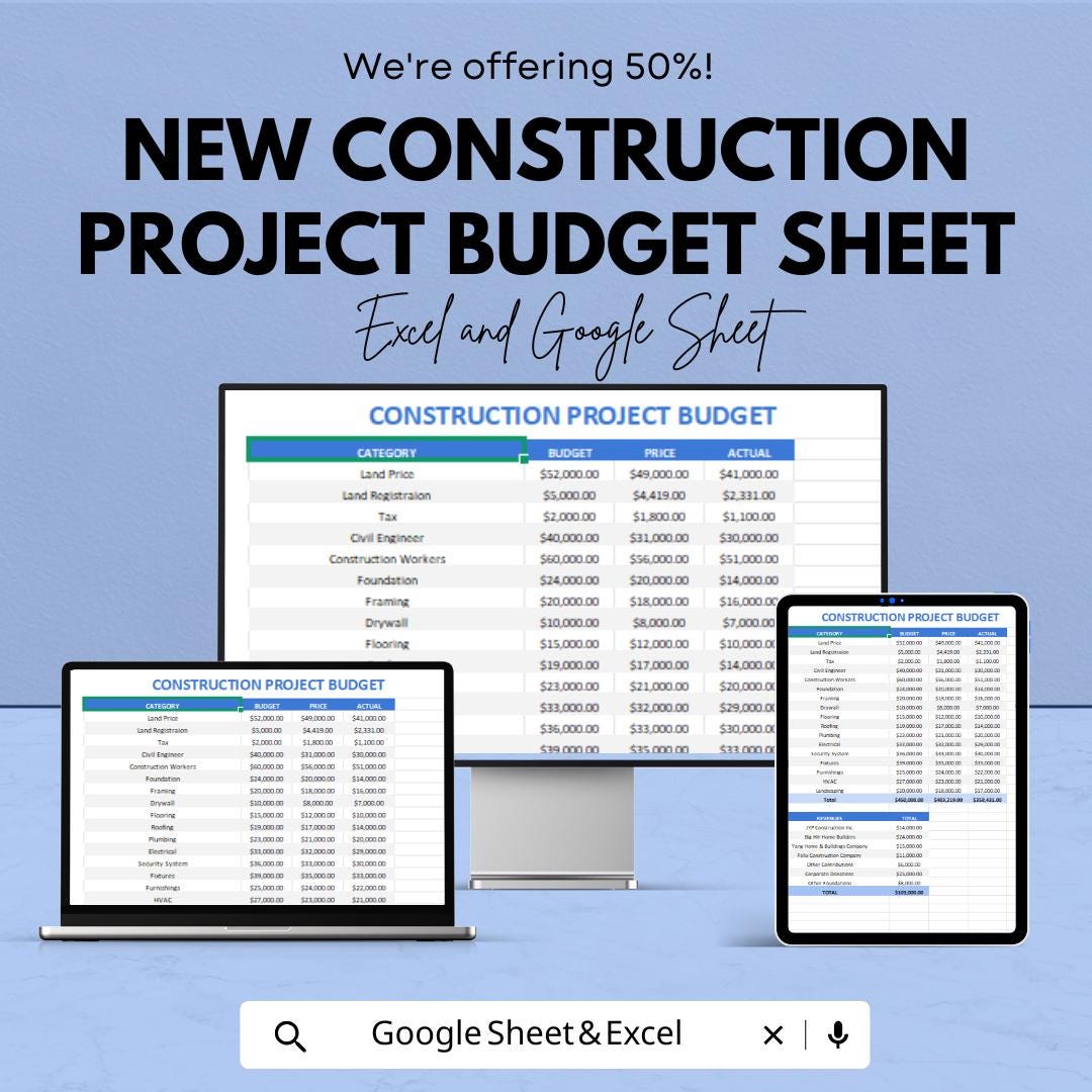 New Construction Project Budget Sheet | Excel & Google Sheets Template | Manage Project Costs Efficiently