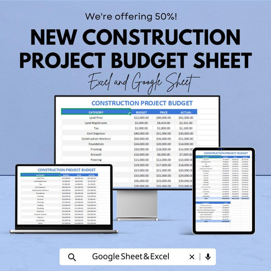 New Construction Project Budget Sheet | Excel & Google Sheets Template | Manage Project Costs Efficiently