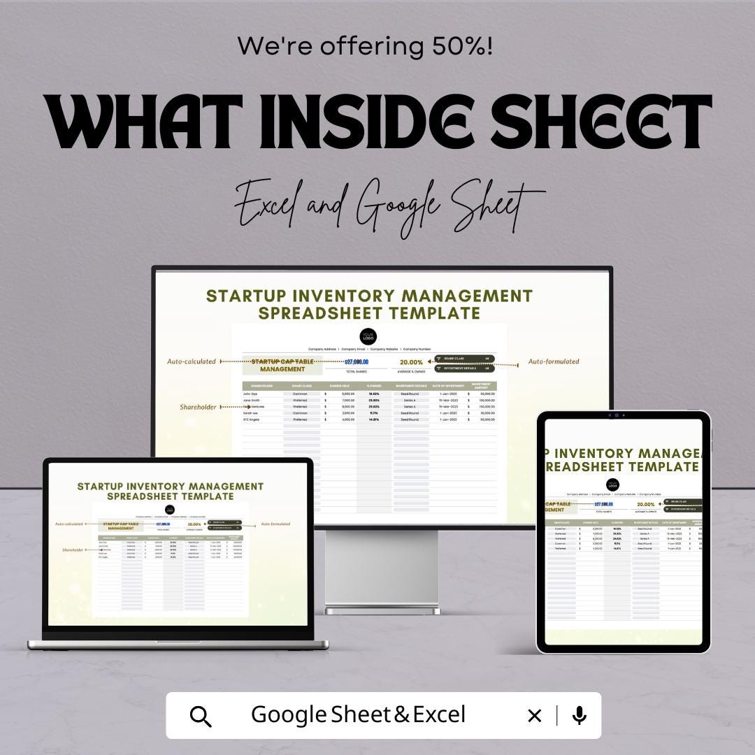 Startup Inventory Management Spreadsheet Template | Excel and Google Sheets | Inventory Tracker | Stock Control Template |