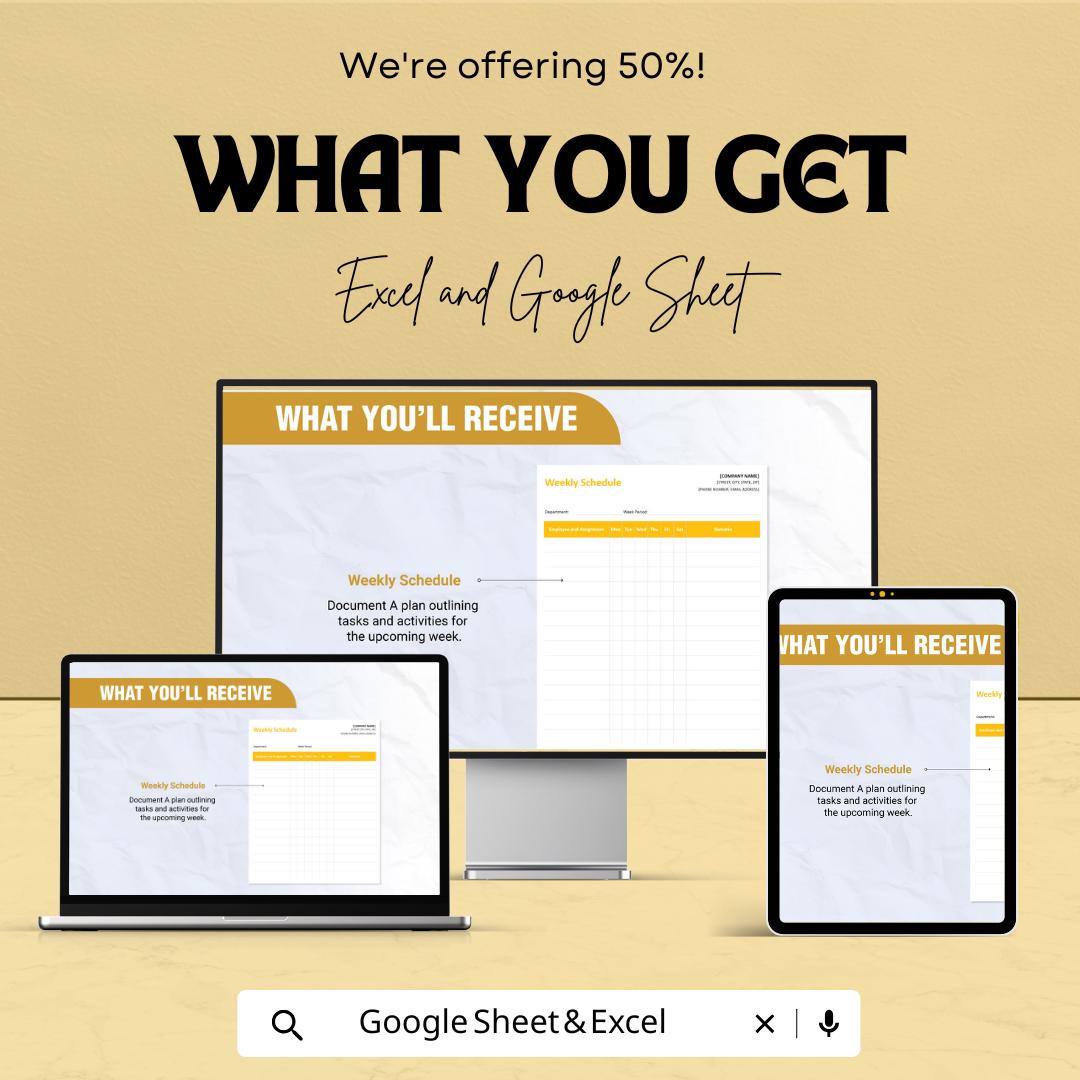 Weekly Schedule Sheet – Excel & Google Sheet Template | Employee and Task Planner | 50% Off