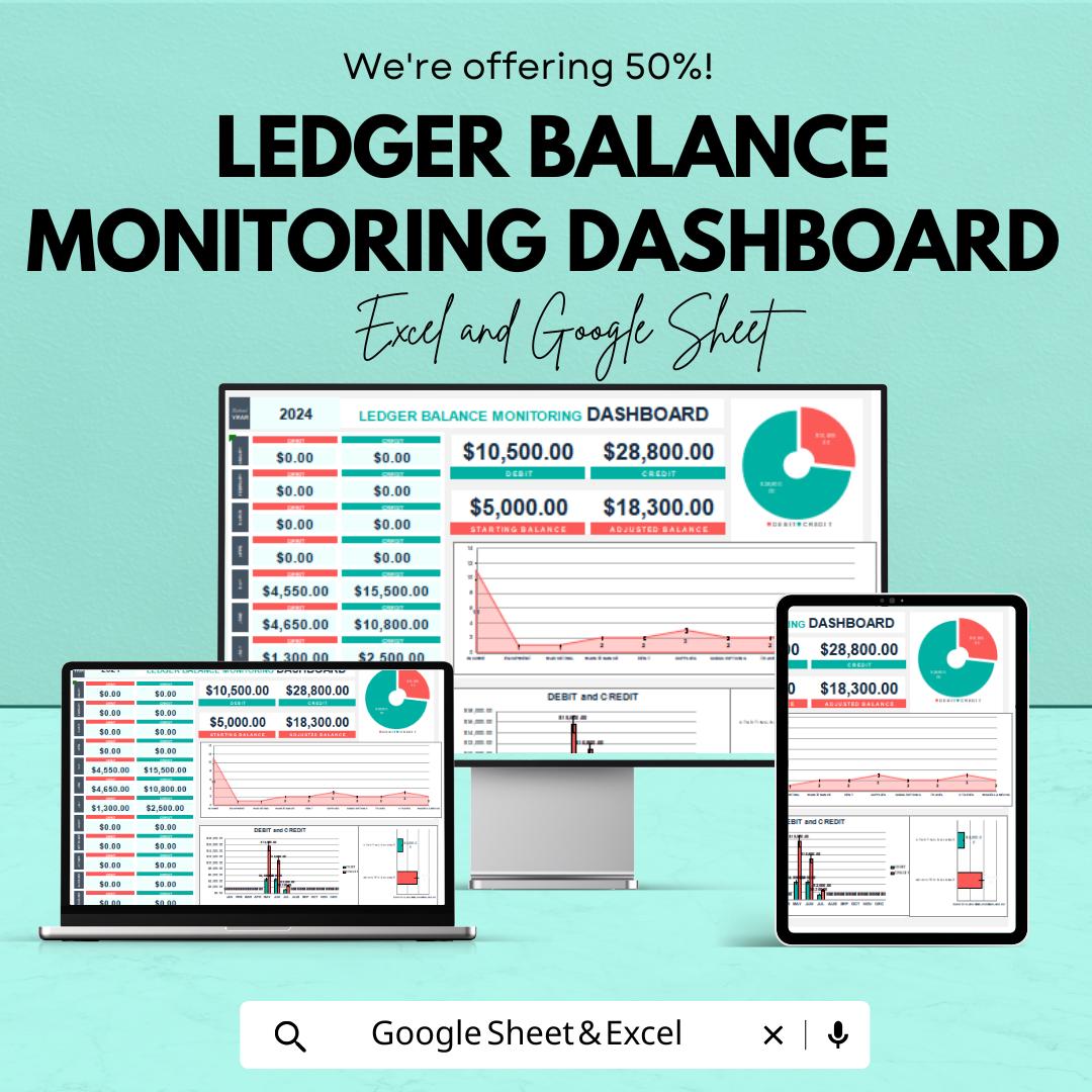 Ledger Balance Monitoring Dashboard Template | Financial Tracking Excel & Google Sheets | Manage Debts, Credits, and Balances |