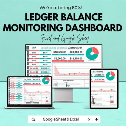 Ledger Balance Monitoring Dashboard Template | Financial Tracking Excel & Google Sheets | Manage Debts, Credits, and Balances |