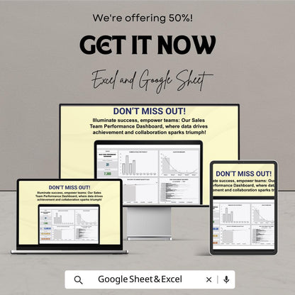 Sales Team Performance Dashboard - Excel & Google Sheet Template for Tracking Sales Metrics, Team Performance and Goals