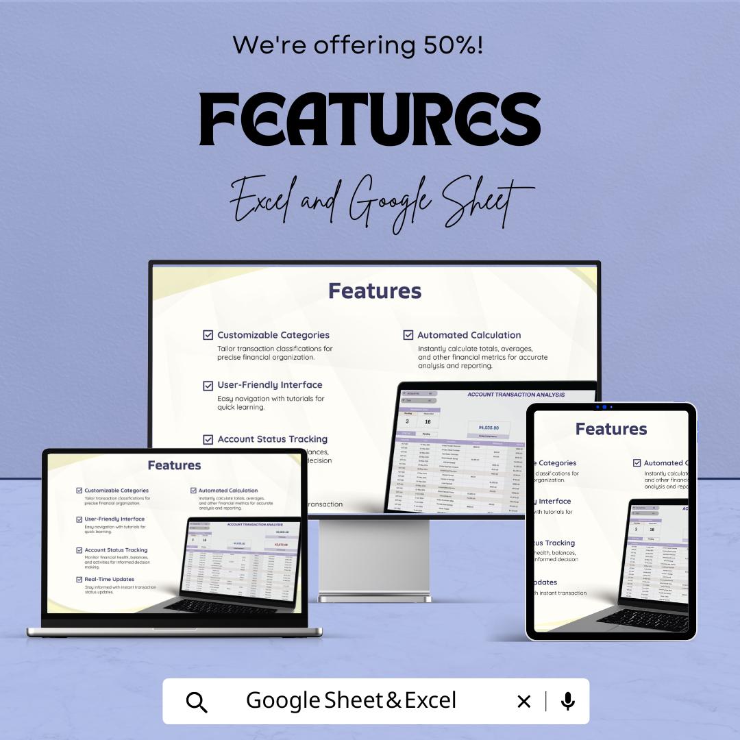 Account Transaction Analysis Template | Excel & Google Sheets | Financial Analysis Spreadsheet | Account Reconciliation Tracker
