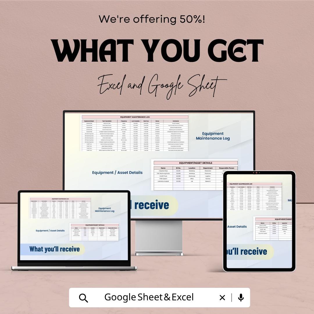 Printable Maintenance Schedule Template | Equipment Maintenance Log | Preventive Maintenance Checklist | Excel Google Sheets | Asset Tracker
