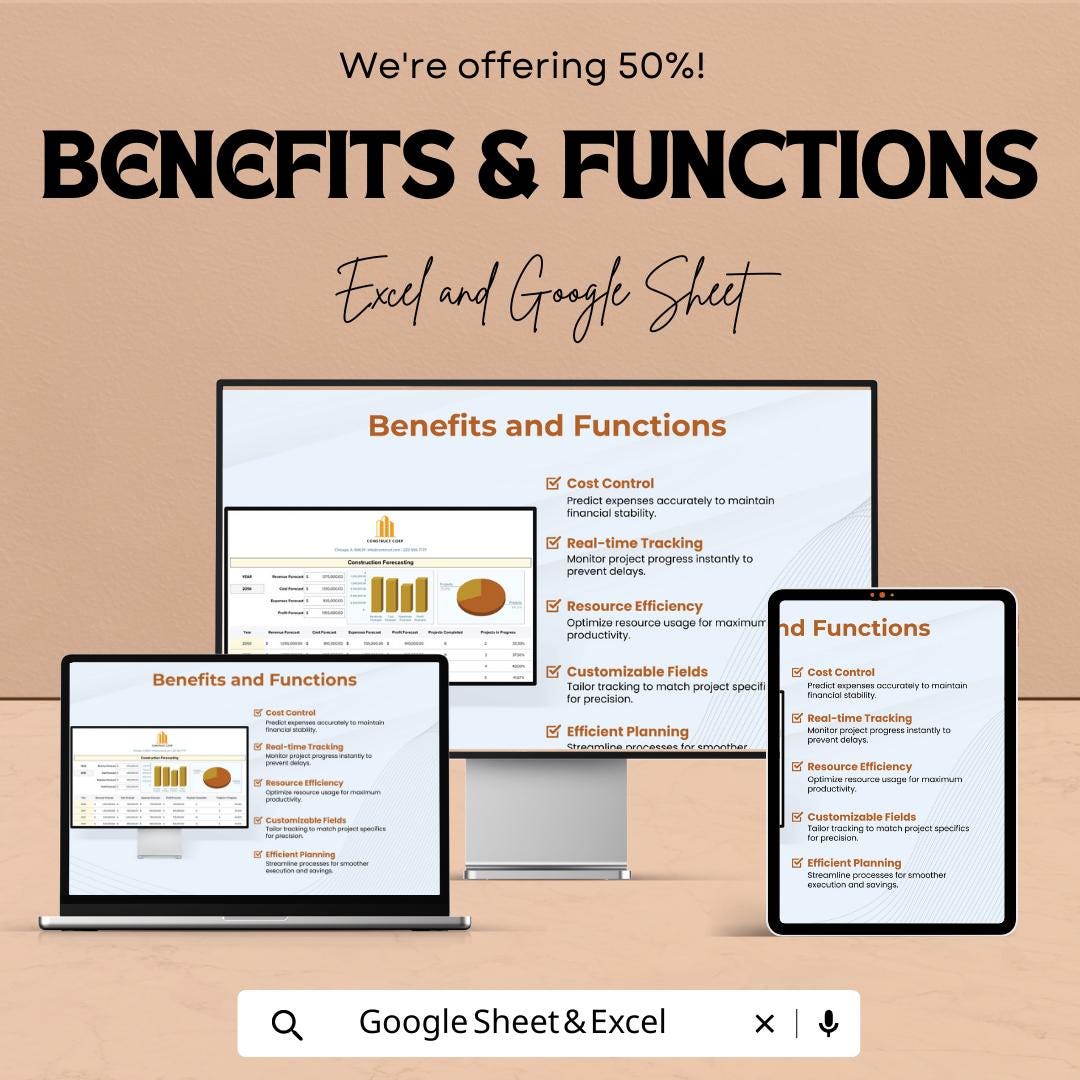 Construction Forecasting Template  | Construction Financial Forecast | Project Budget Forecast | Contractor Planning Spreadsheet