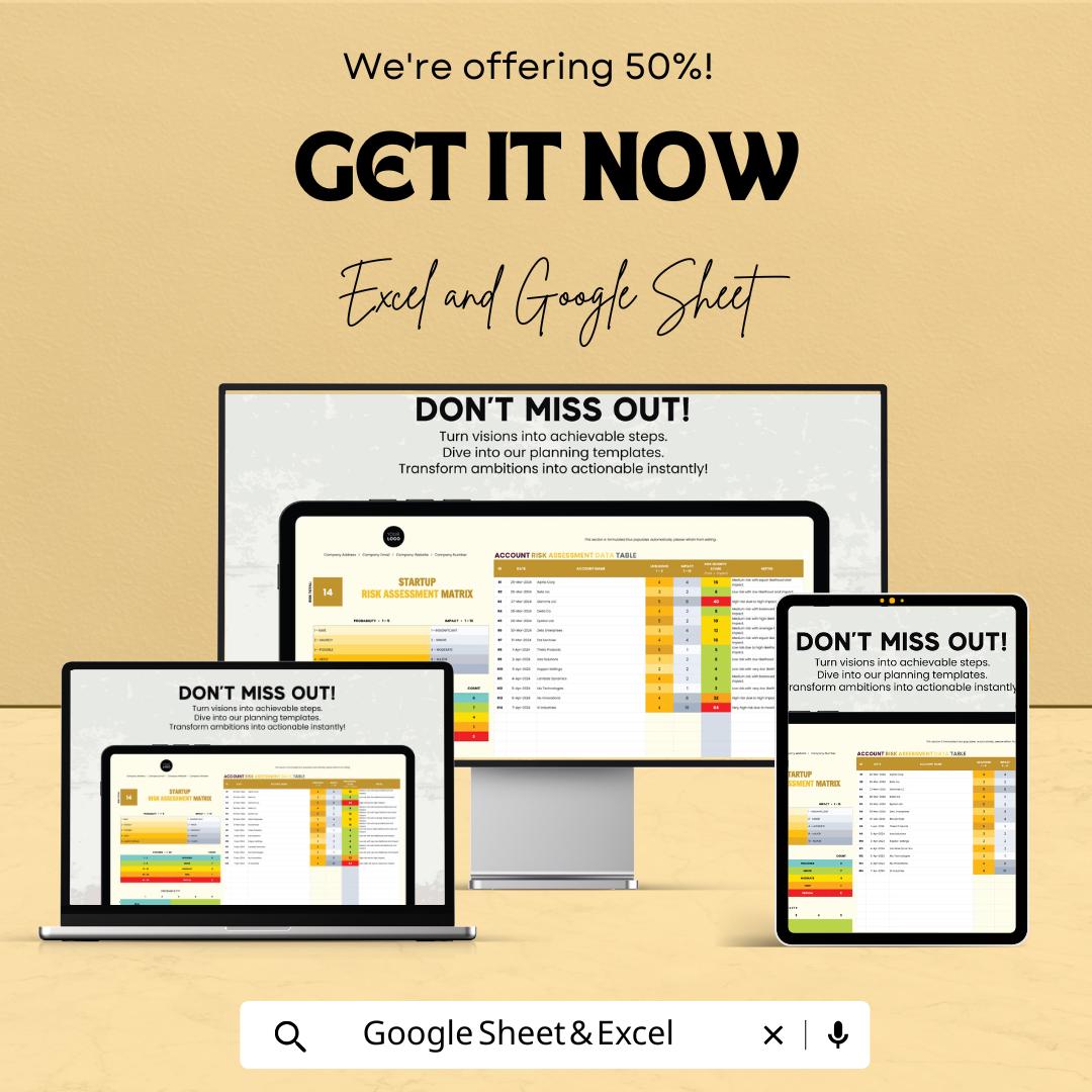 Startup Risk Assessment Matrix Template | Excel & Google Sheets | Business Risk Management Tool | Startup Risk Analysis Dashboard