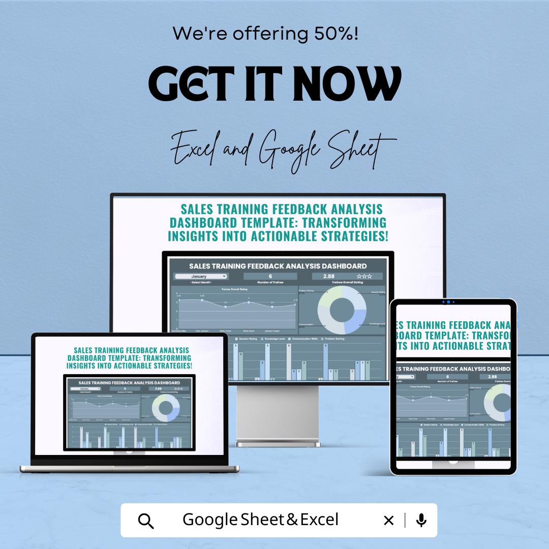 Sales Training Feedback Analysis Dashboard Template | Excel and Google Sheets | Performance Tracking & Training Insights