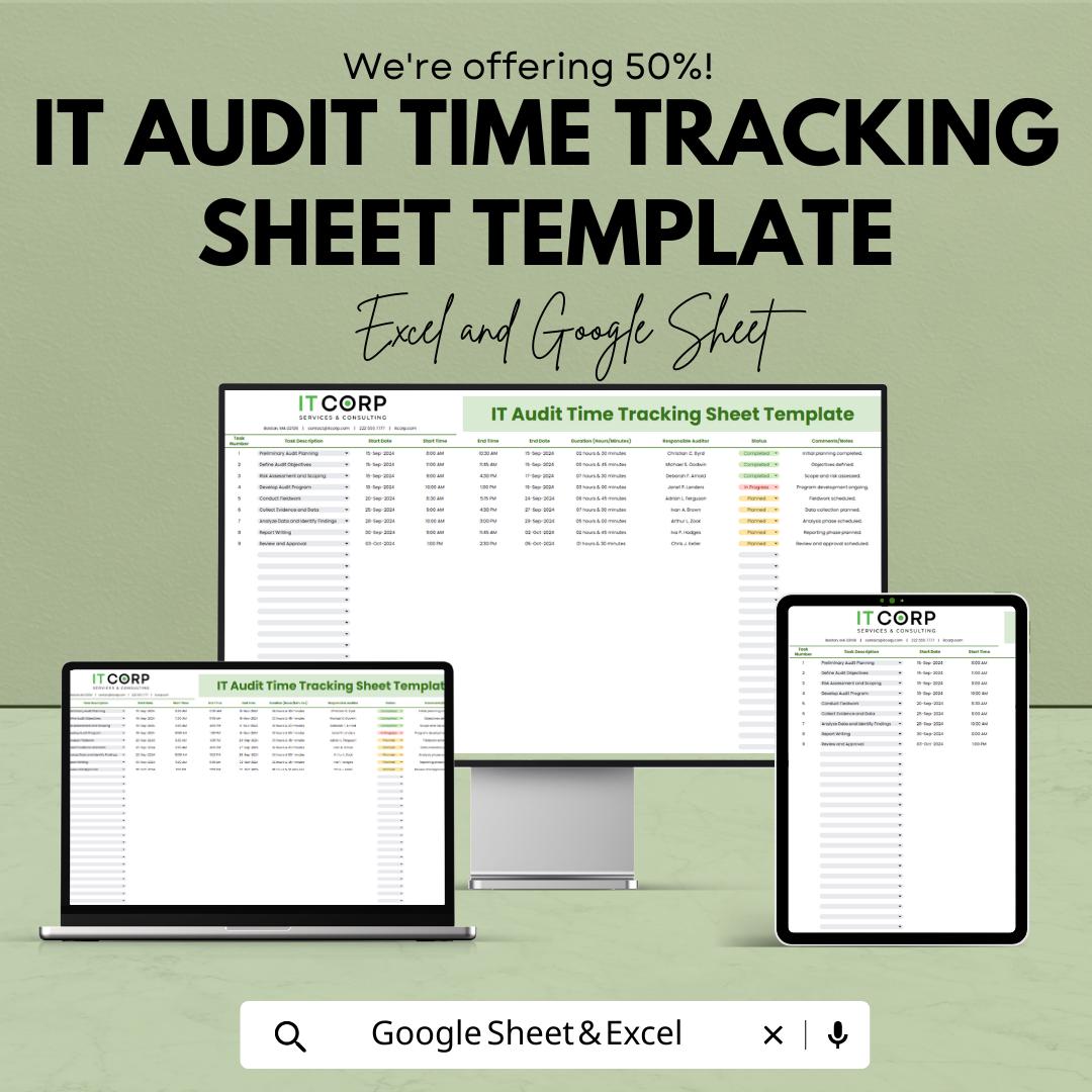 IT Audit Time Tracking Template Excel | Audit Time Tracker Spreadsheet | Internal Audit Timesheet | Audit Task Tracker