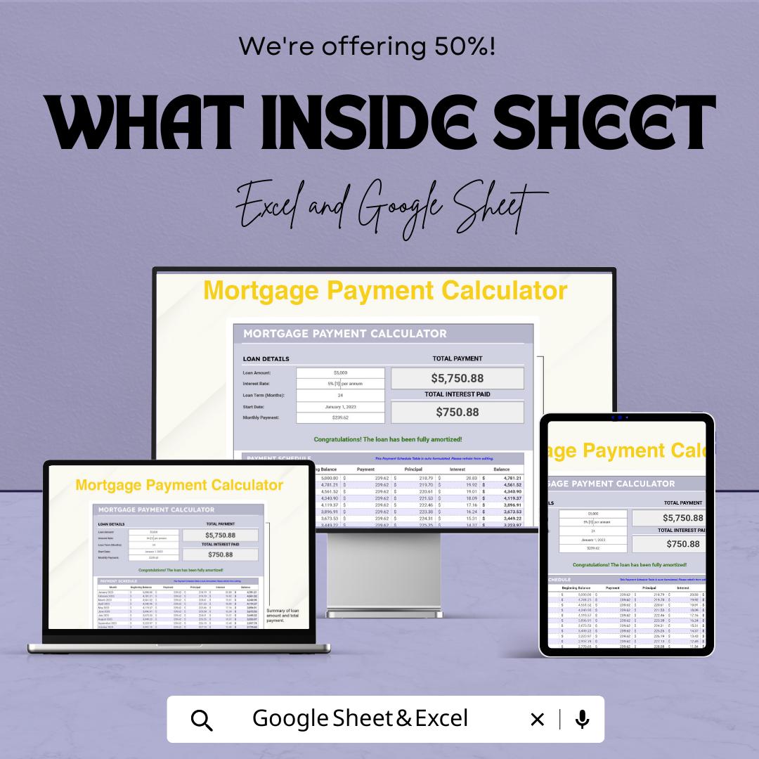 Mortgage Payment Calculator Template, Home Loan Calculator, Amortization Schedule, Excel & Google Sheets, Monthly Payment Planner