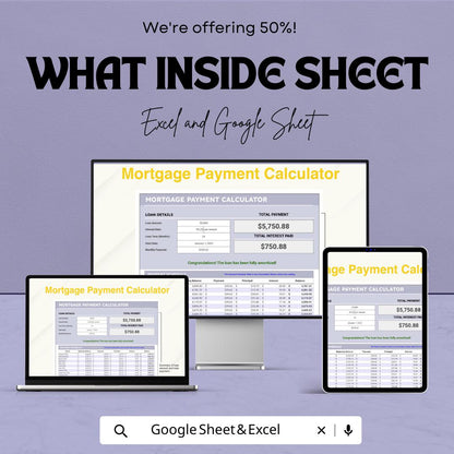 Mortgage Payment Calculator Template, Home Loan Calculator, Amortization Schedule, Excel & Google Sheets, Monthly Payment Planner