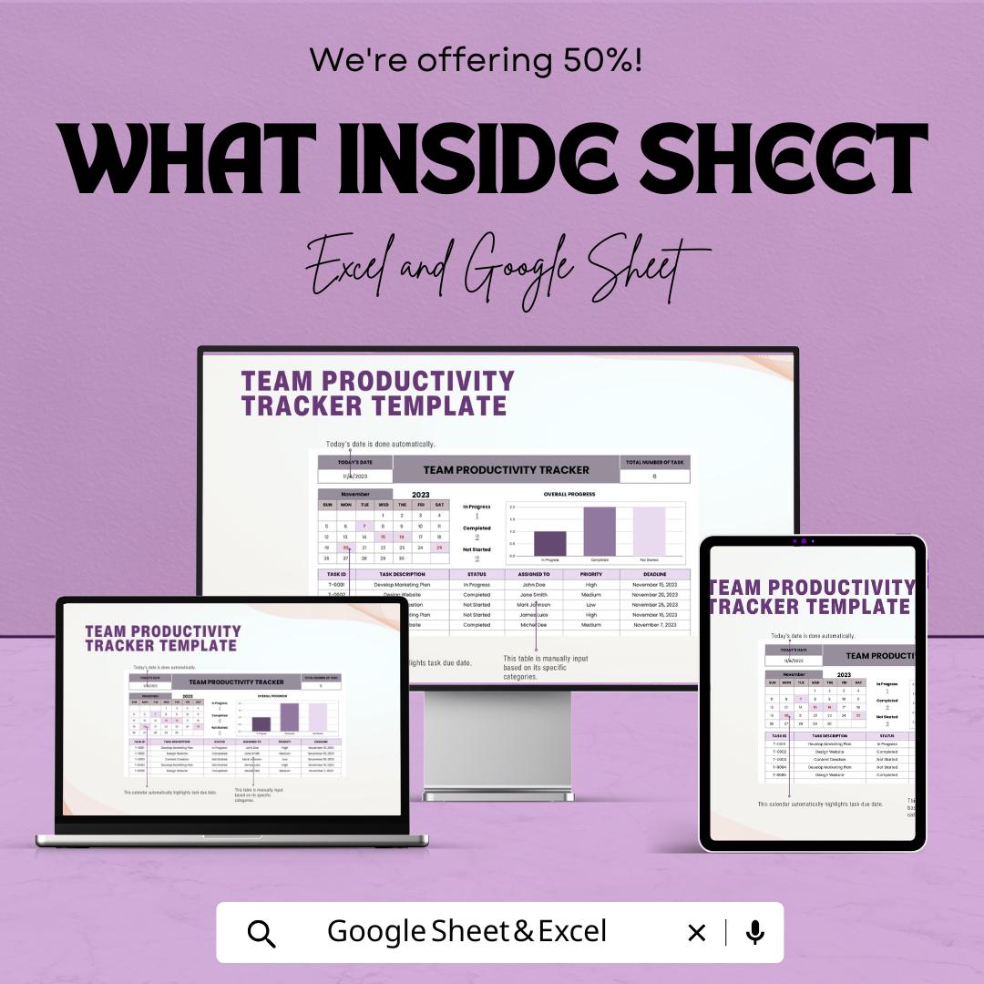Team Productivity Tracker Template | Task Management Spreadsheet Excel and Google Sheets | Team Performance & Work Tracking Tool