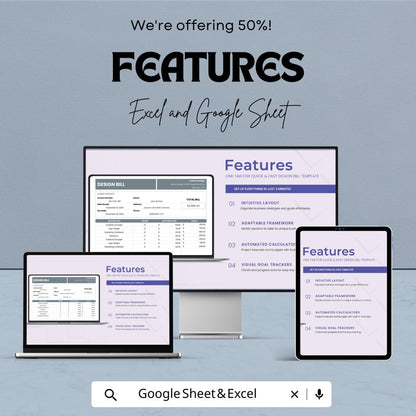 Design Bill Template - Excel & Google Sheets, Client Invoice, Creative Billing, Project Bill Tracker, Professional Design Billing Sheet,