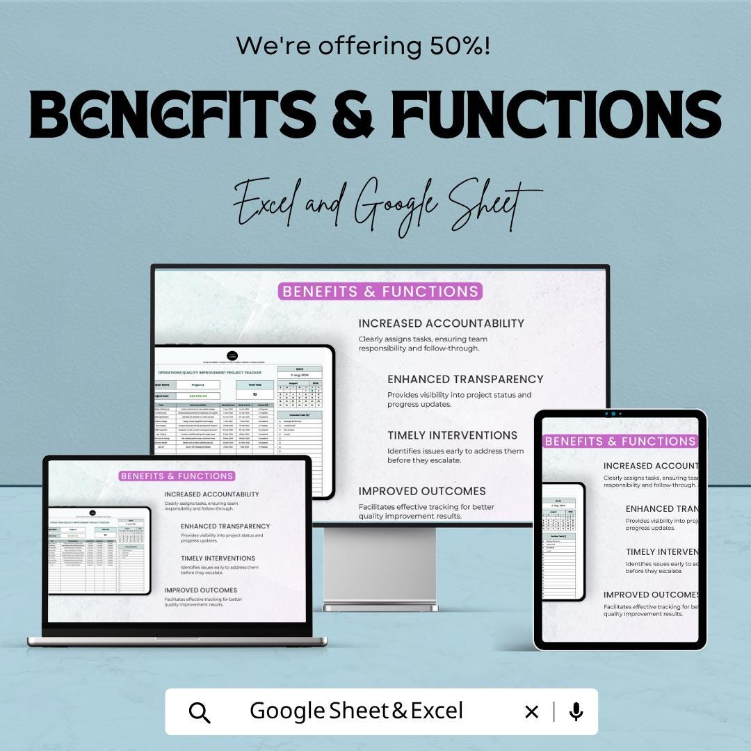 Operations Project Tracker Template | Quality Improvement Tracker | Project Management Spreadsheet | Task Tracker