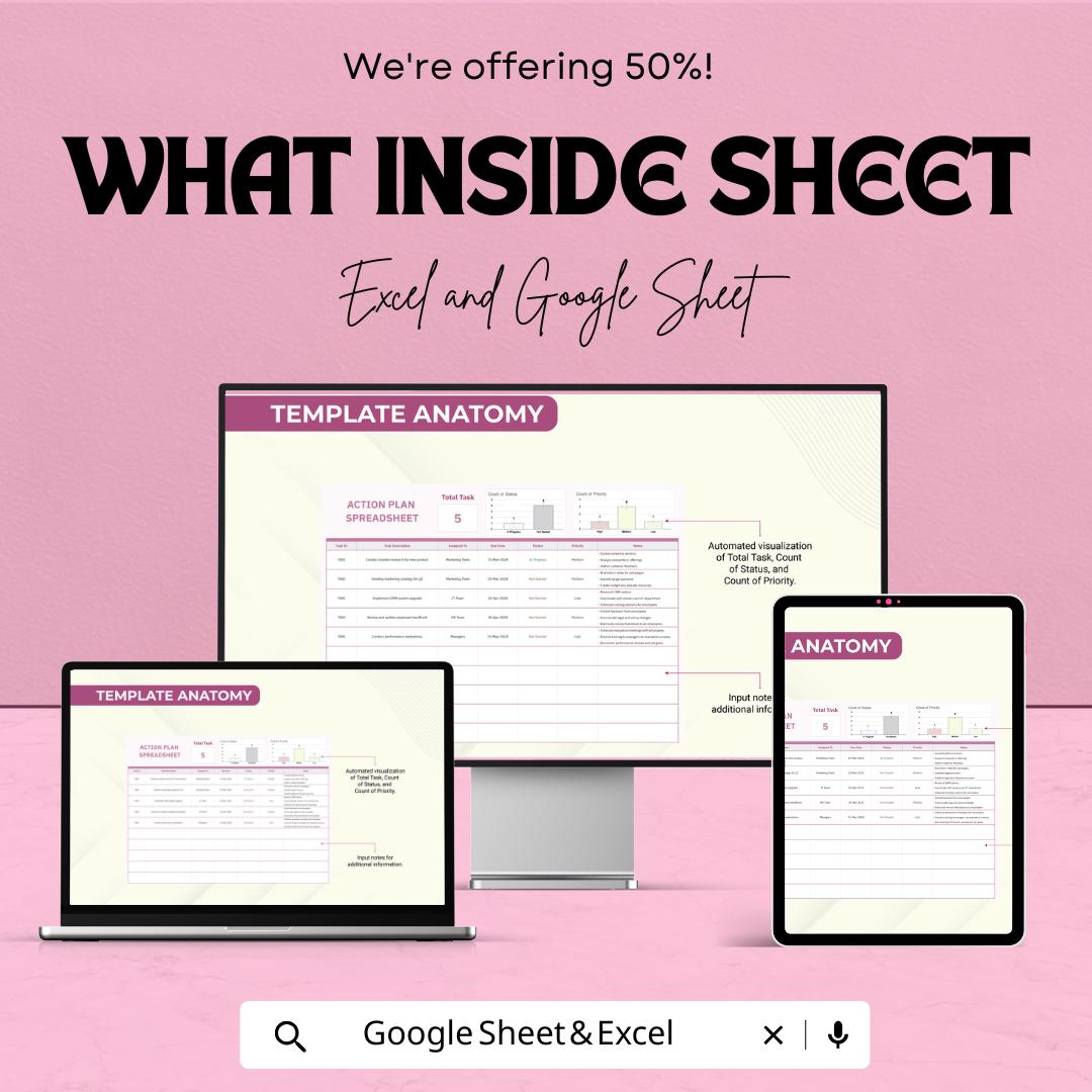 Action Plan Spreadsheet - Excel & Google Sheet Template for Task Management, Project Planning, Collaboration - 50% Off