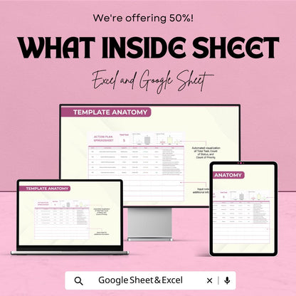 Action Plan Spreadsheet - Excel & Google Sheet Template for Task Management, Project Planning, Collaboration - 50% Off