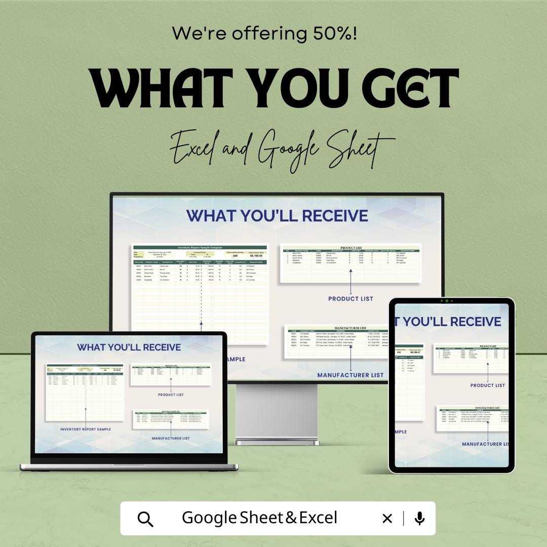 Inventory Report Template Excel, Stock Report Spreadsheet, Inventory Summary Dashboard, Product Inventory Log, Google Sheets Tracker