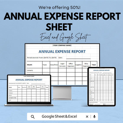 Annual Expense Report Sheet Template for Google Sheets | Optimize Expenses | Business Financial Management Tool | Expense Tracking Sheet