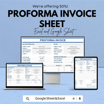 Proforma Invoice Template - Excel & Google Sheets - Professional Invoice Generator - Customizable Invoice Sheet - Business Invoice Template