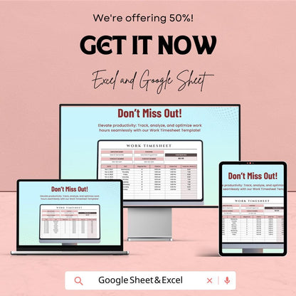 Work Timesheet Sheet for Employee Hours | Track Work Hours, Overtime, and Payroll | Excel and Google Sheet Template