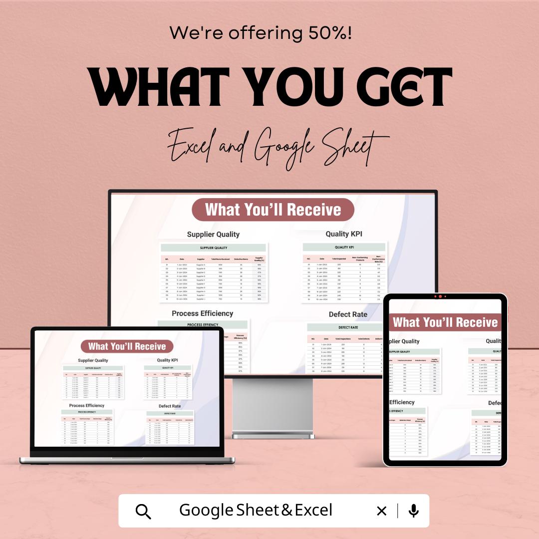 Quality KPI Dashboard Template for Performance Monitoring | Excel & Google Sheets | Track Supplier Quality, Process Efficiency |