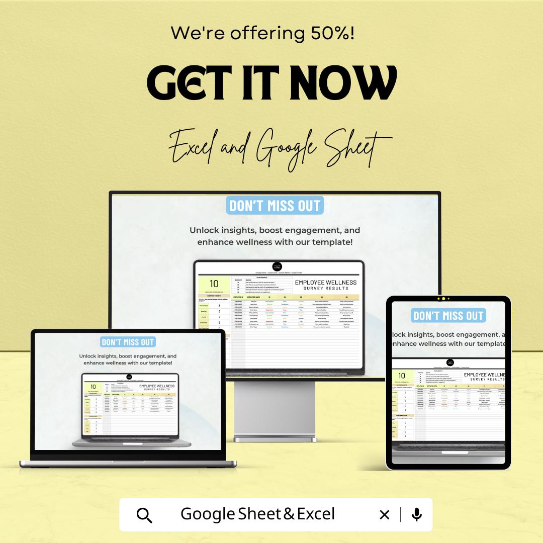 Employee Wellness Survey Results Template | HR Wellness Survey Analysis | Excel and Google Sheets | Employee Feedback & Wellbeing Tracker