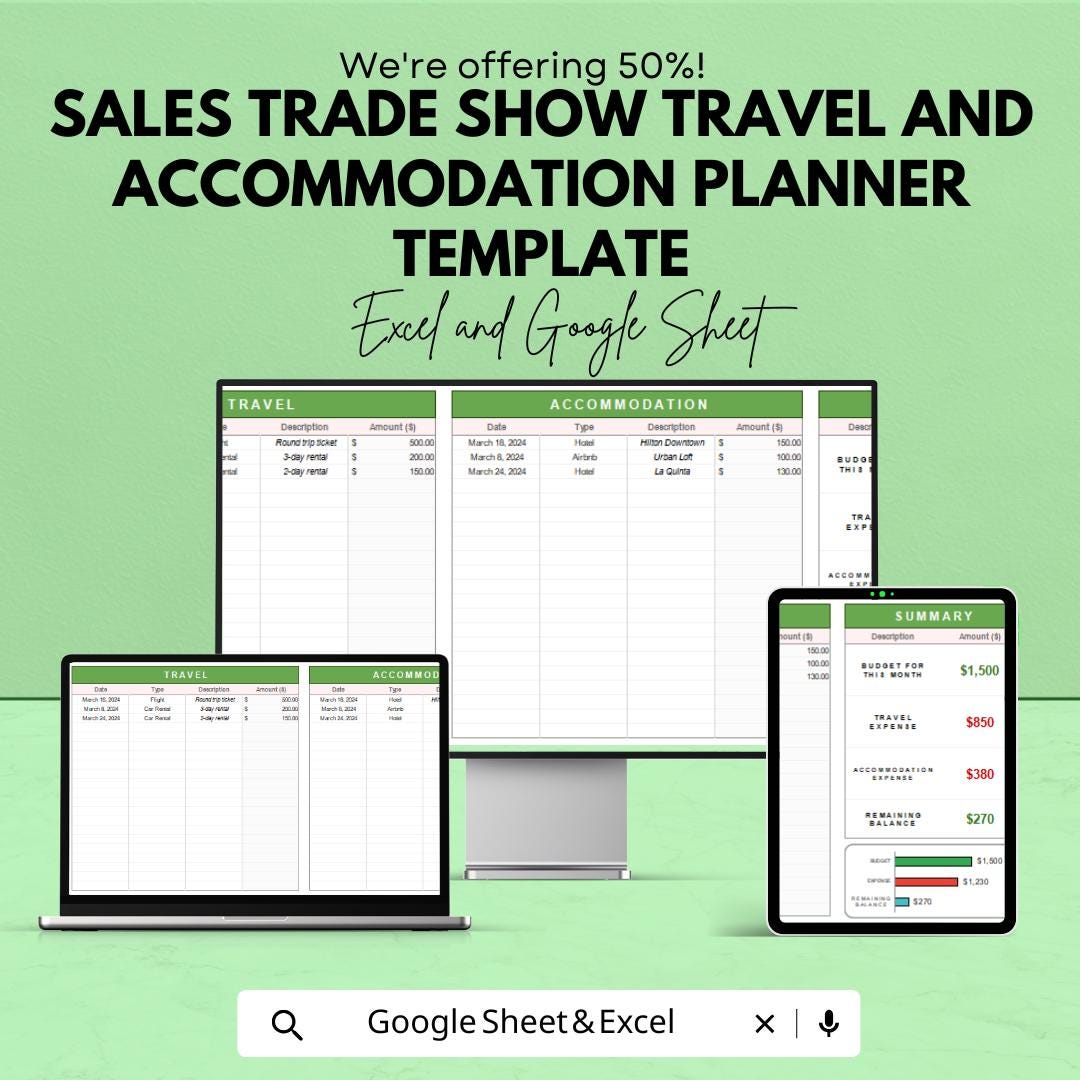 Sales Trade Show Travel and Accommodation Planner Template | Business Trip Budget Tracker | Travel Expense Organizer