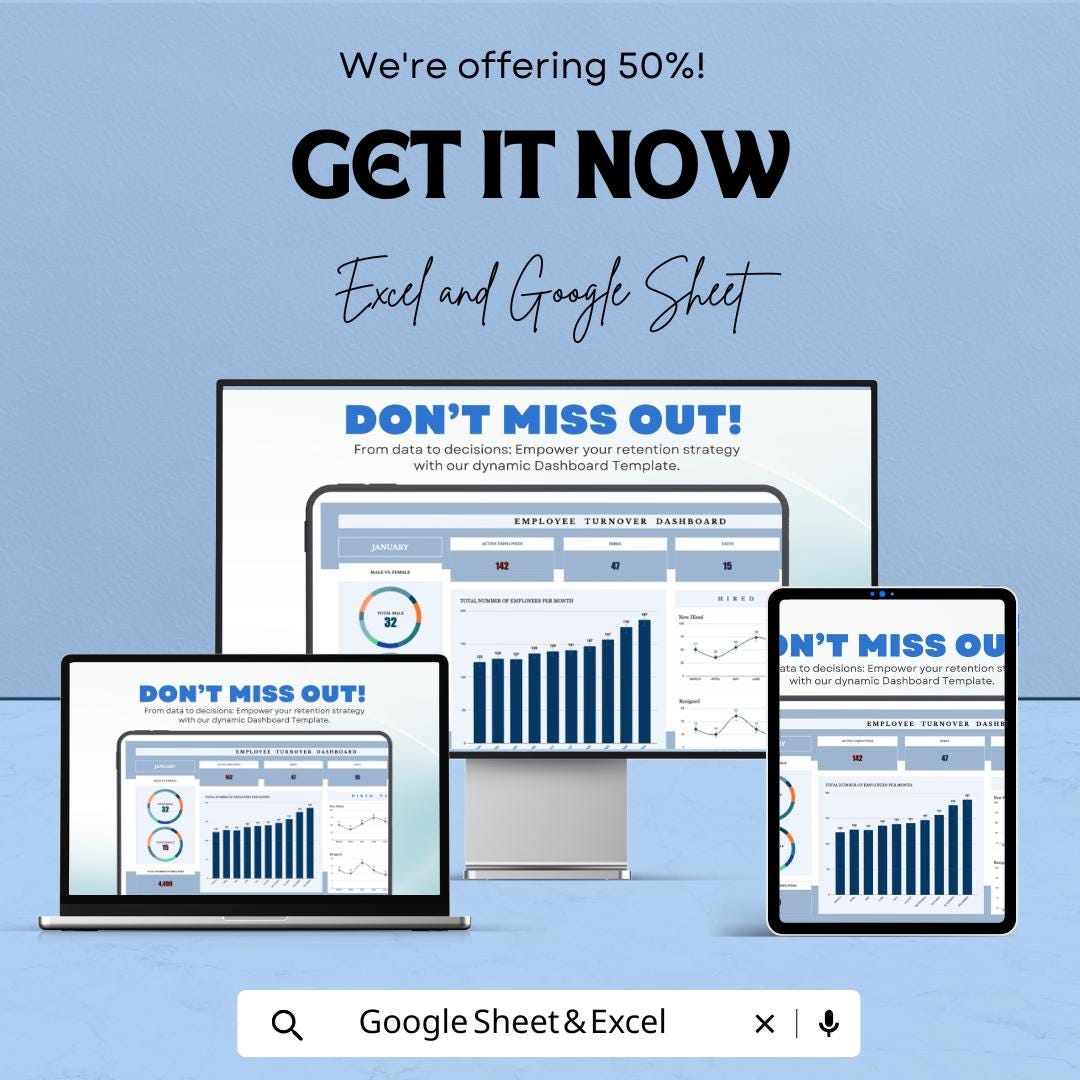 Employee Turnover Dashboard | Google Sheet for HR Analytics | Track Employee Retention & Metrics | Real-Time Employee Data Analysis |